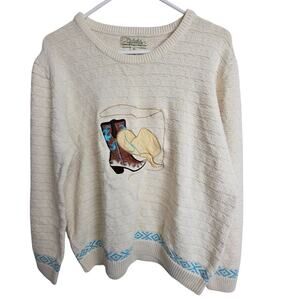 Cabelas Sweater Knit Sweater Women XL Cream Cowboy Print Pullover Sweater Women